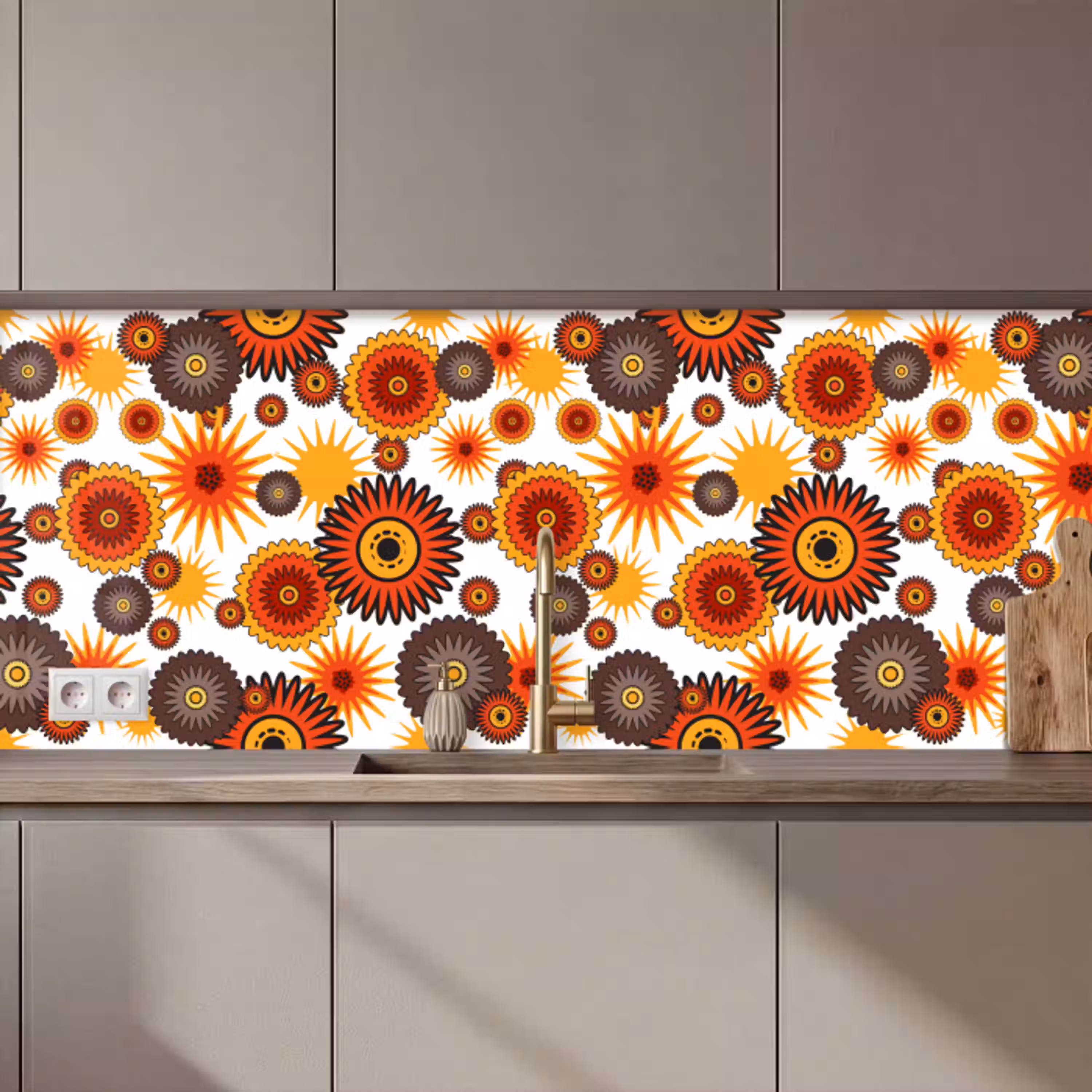 Design - Retro - Oranje - Bloemen keuken achterwand 2 middel 871 zz_3dshopping