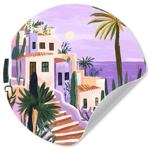 Huizen - Minimalistisch - Palmbomen - Kust Wandcirkel behangsticker klein -3d