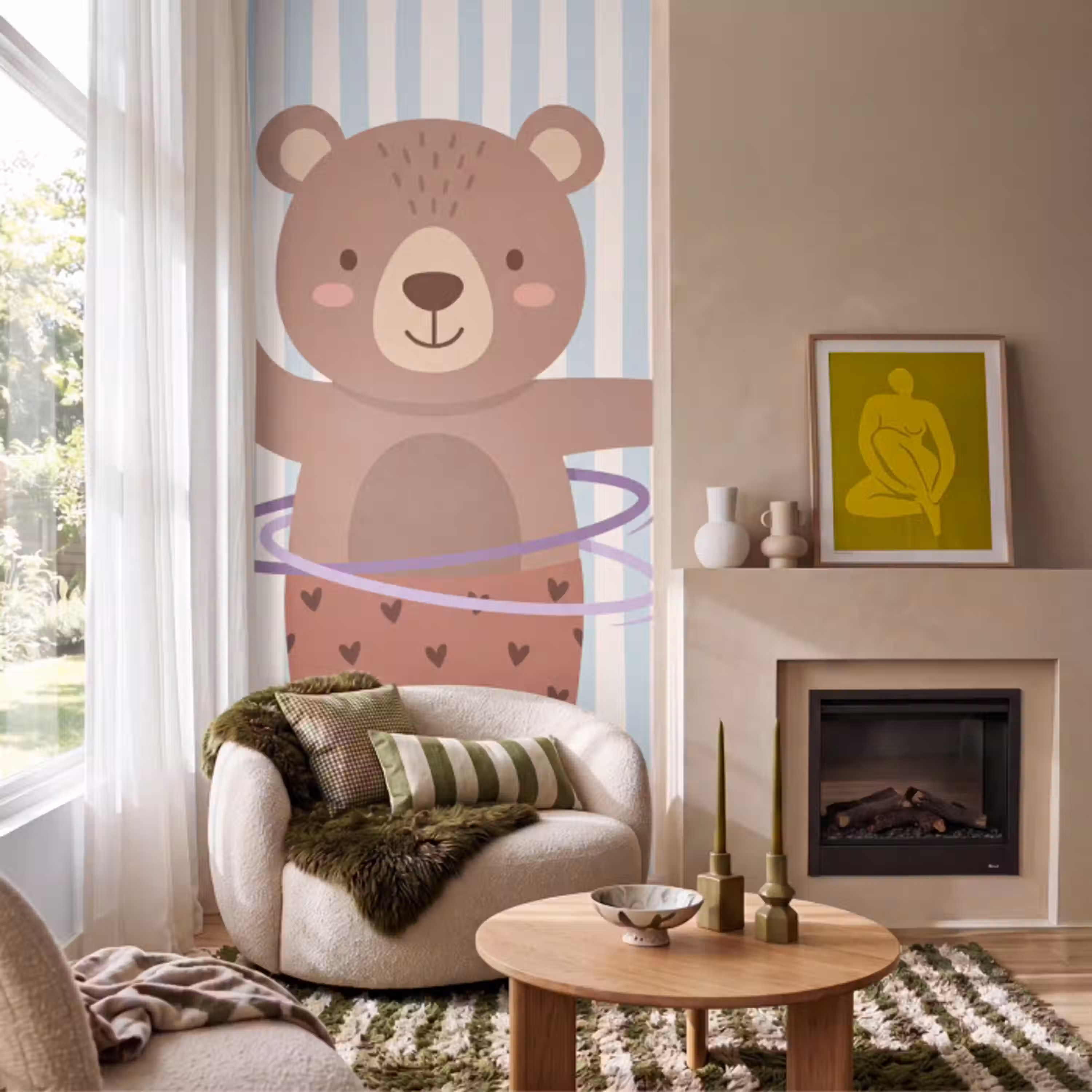 Beer - Hoepel - Kinderkamer - Illustratie - Bruin Behang Vlies klein -sfeer2