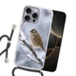 Vogel - Tak - Sneeuw - Winter Hoesje iPhone 16 Pro Max met koord klein -sfeer1