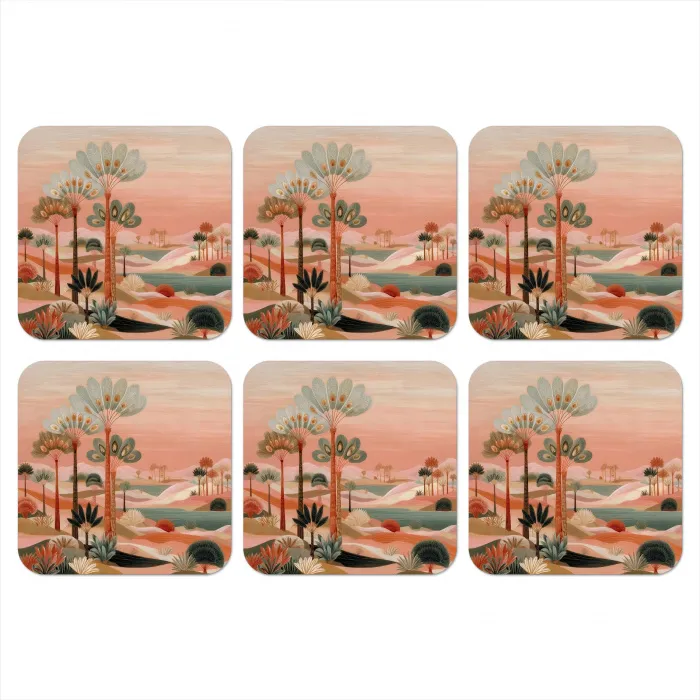 Roze landschap - Palmen - Water onderzetter kurk middel -3d