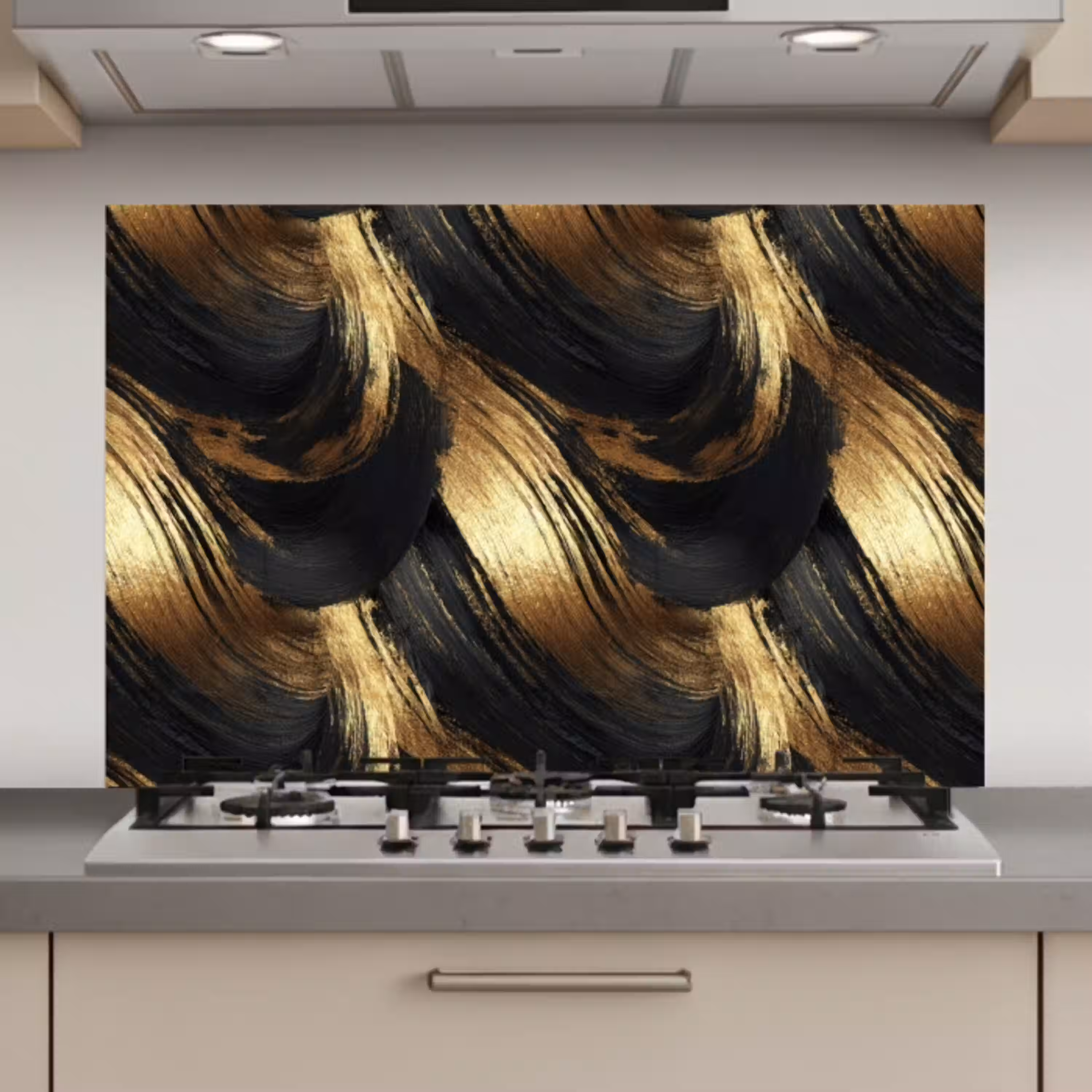 Verfstreken - Abstract - Goud - Zwart keuken achterwand spatscherm klein 900 -3d_website