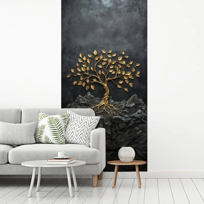 Bladeren - Goud - Boom - Rots fotobehang vinyl groot -woonkamer