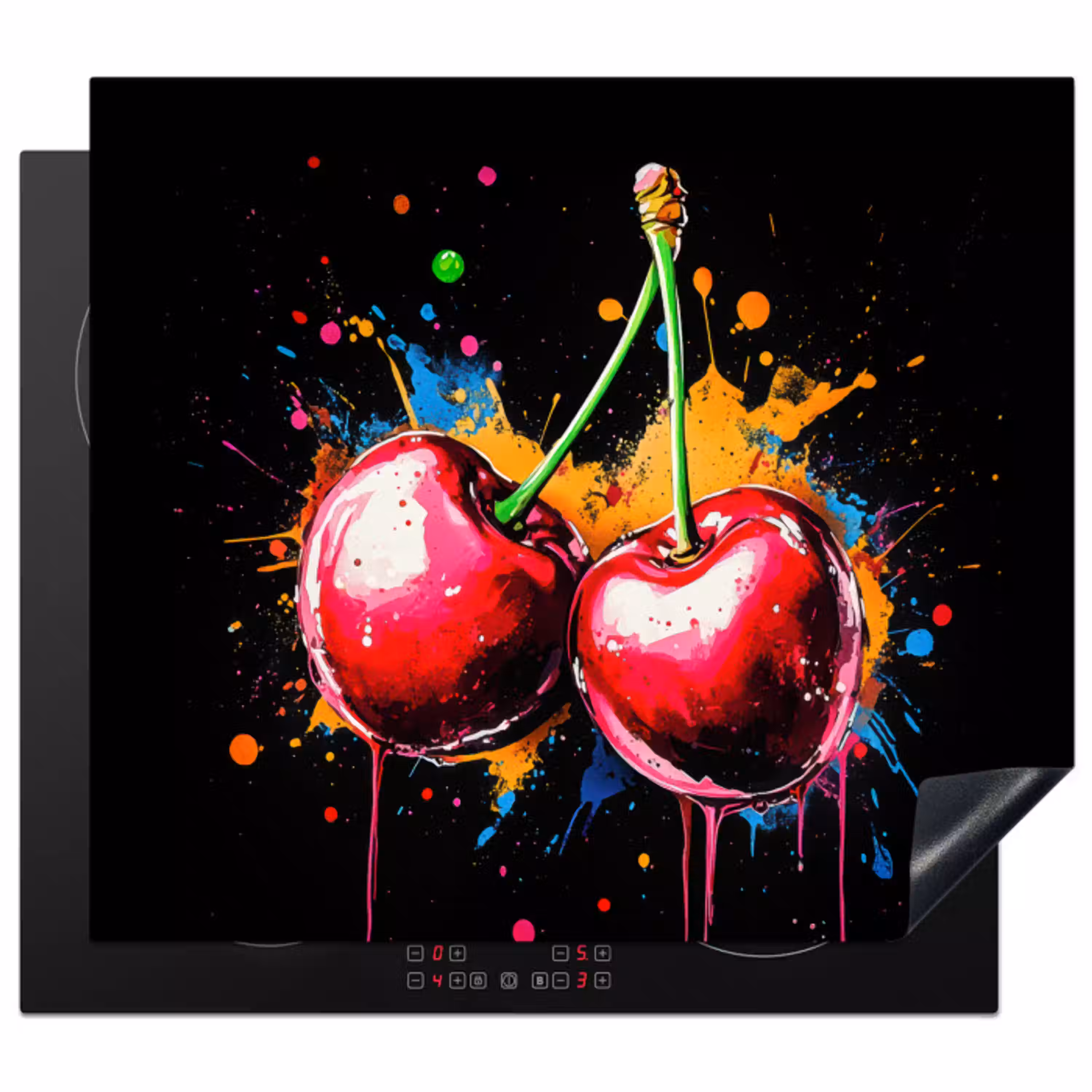 Kersen - Fruit - Graffiti - Verf - Abstract - Modern - Kleurrijk Inductie beschermer vinyl 3mm middel -3d