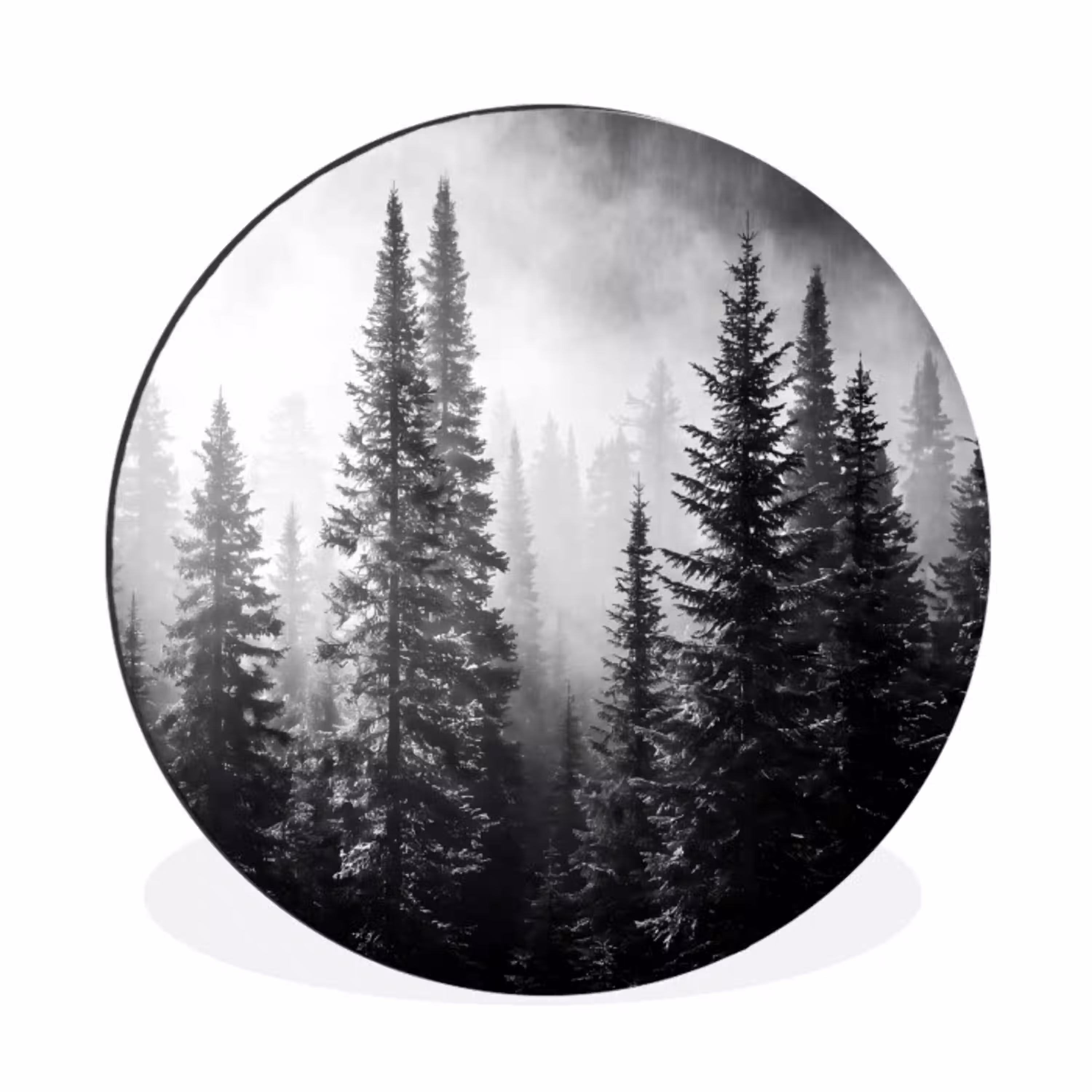 Bos - Mist - Winter - Monochroom - Natuur Wandcirkel aluminium klein -3d