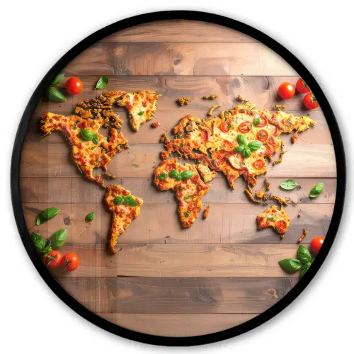 Wereldkaart - Pizza - Houten ondergrond Fotolijst rond zonder passe partout klein -3d