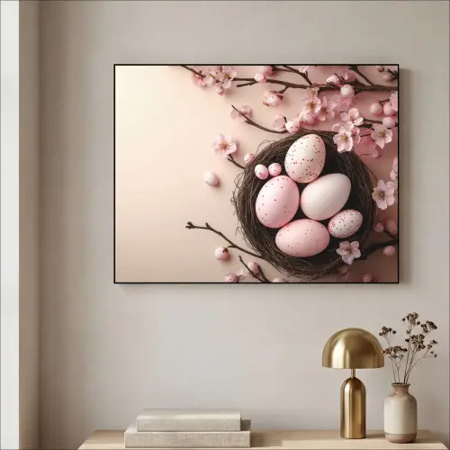 Roze - Bloesems - Eieren Textielframe zwart klein -sfeer2