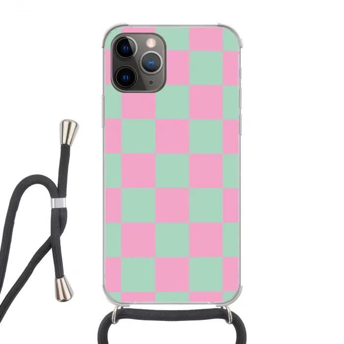 Schaakbord patroon - Groen - Roze - Blokjes Hoesje iPhone 12 Pro met koord klein -3d