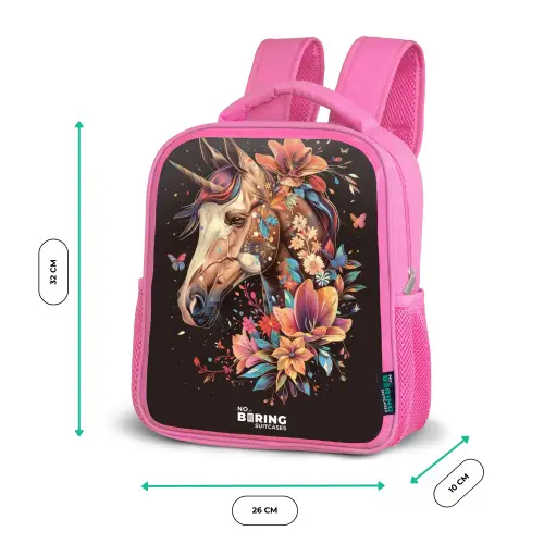 Eenhoorn en Bloemen op Zwarte Achtergrond Kinderrugzak - Roze middel -productfoto_formaten