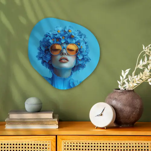 Vrouw - Bloem - Blauw - Modern - Bril - Portret Wandcirkel Organisch Forex 3mm klein -sfeer2