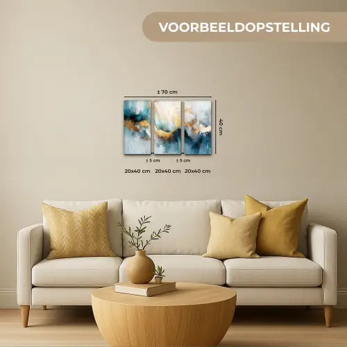 Blauw - Abstract - Wit - Goud - Verf Canvas - Meerluiken 3 luik klein -sfeer6-formaat