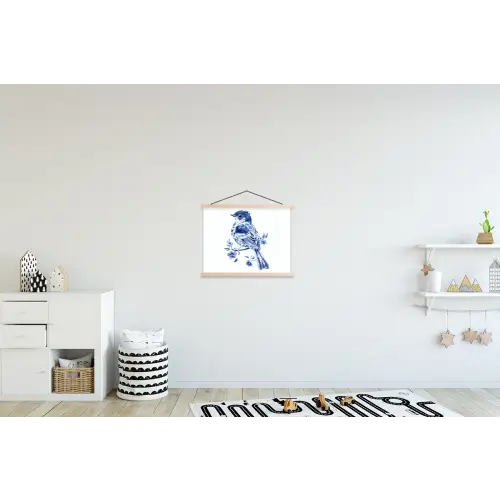 Vogel - Delfts blauw - Illustratie - Bloemen textielposter latten blank klein -kinderkamer