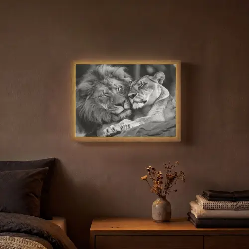 Leeuwen - Dieren - Zwart - Wit - Leeuw Light Box met batterij (Wandlamp) middel -sfeer4