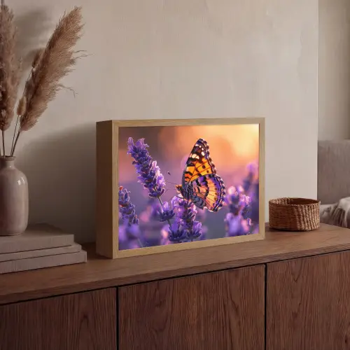 Bloemen - Vlinder - Lavendel - Bloem - Natuur Light Box met batterij (Wandlamp) middel -sfeer2