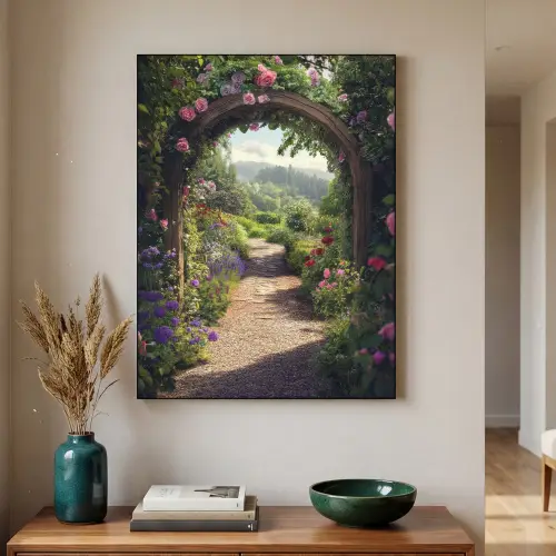 Doorkijk - Landschap - Bloemen - Rozenboog - Natuur Textielframe - compleet frame klein -sfeer1