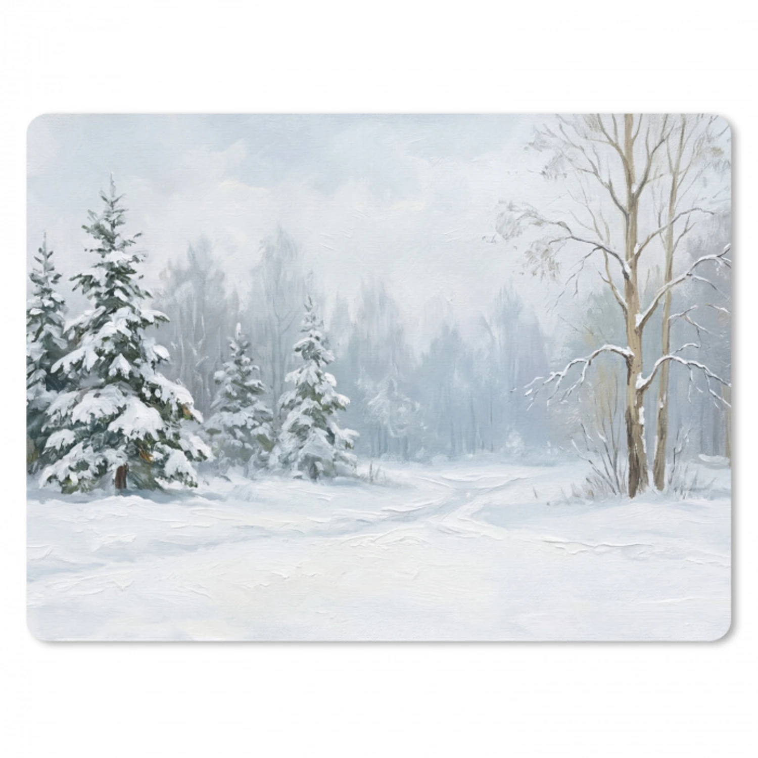 Bospad - Dennen - Sneeuw - Winter - Rustgevend muismat rubber klein -3d