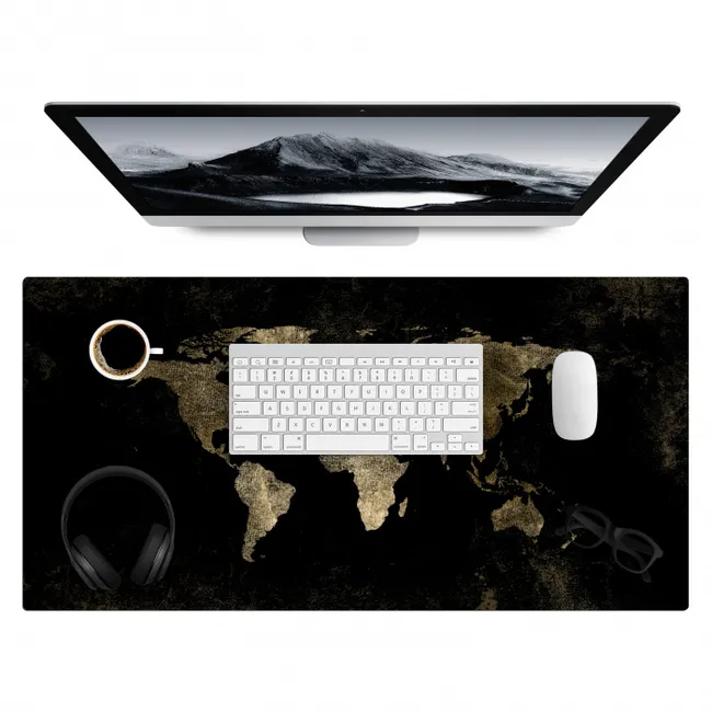 Wereldkaart - Zwart - Goud Muismat XXL klein -3d