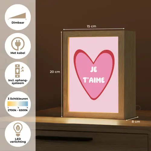 Hart - Frans - Valentijn - Roze Light Box met kabel (Tafellamp) klein -USP_NL