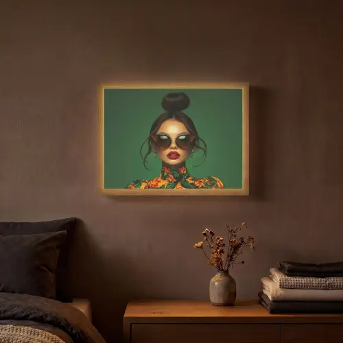 Vrouw - Groen - Modern - Bril - Abstract Light Box met batterij (Wandlamp) middel -sfeer4