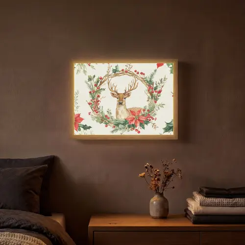 Kerstkrans - Hert - Hulst - Rood Light Box met batterij (Wandlamp) middel -sfeer4