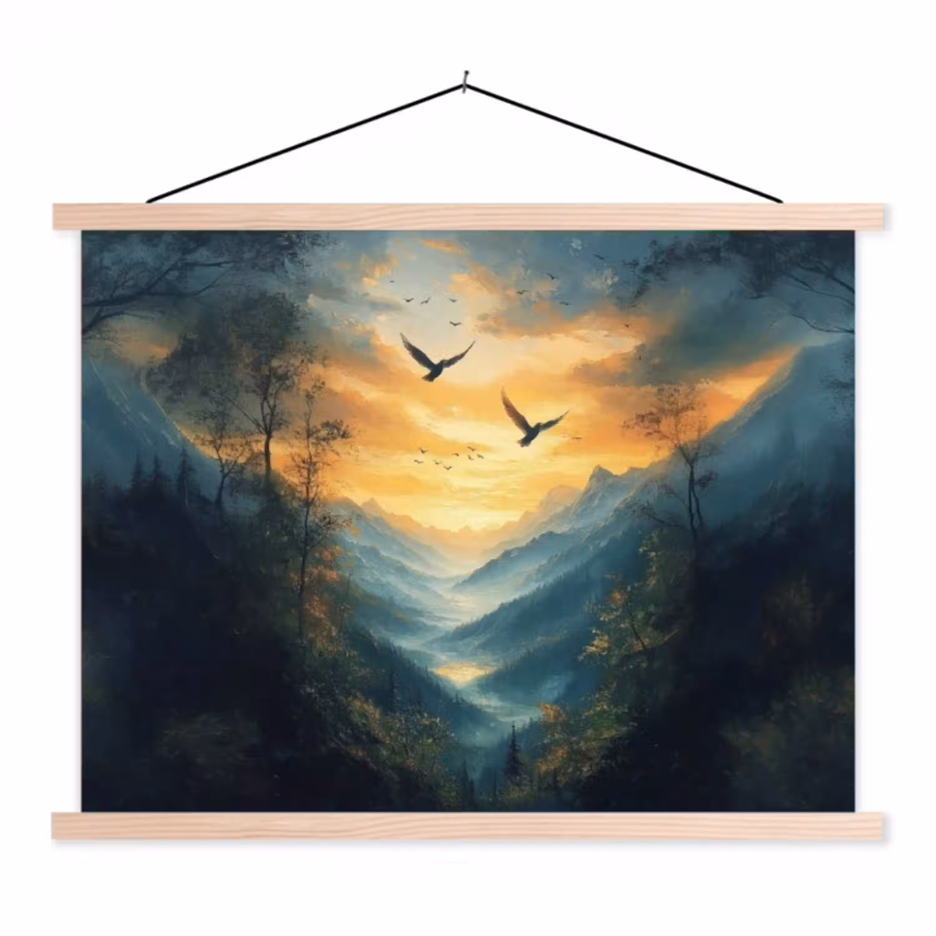 Vogels - Zon - Bomen - Groen textielposter latten blank klein -3d