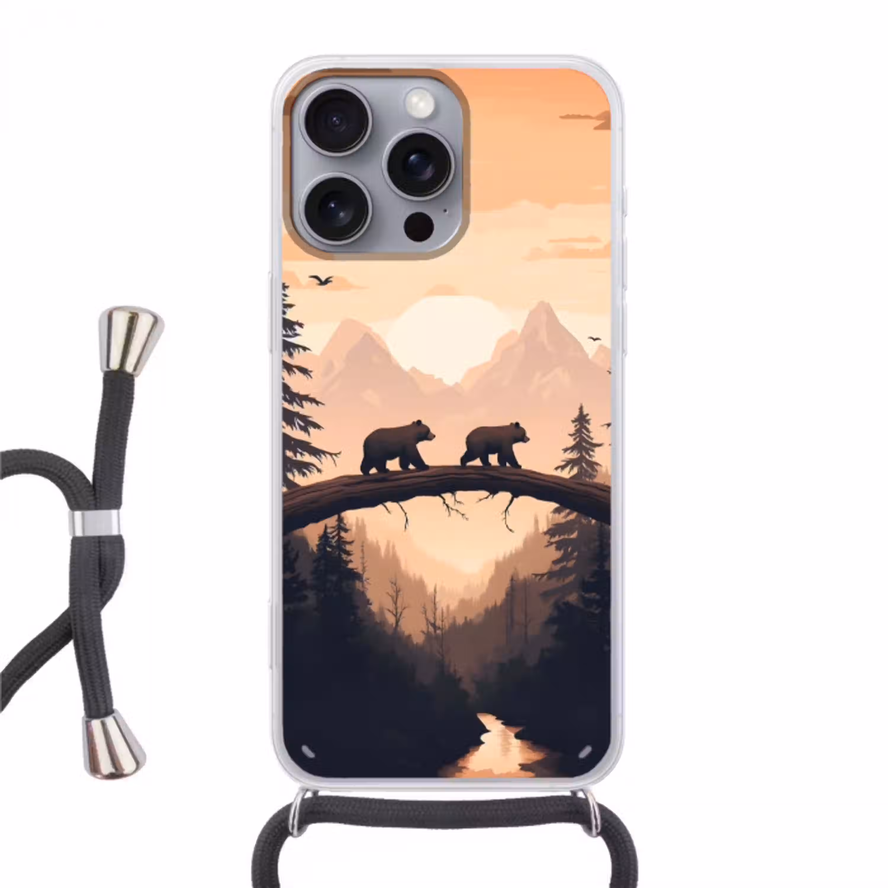 Beren - Bomen - Landschap - Zonsondergang Hoesje iPhone 16 Pro Max met koord klein -3d