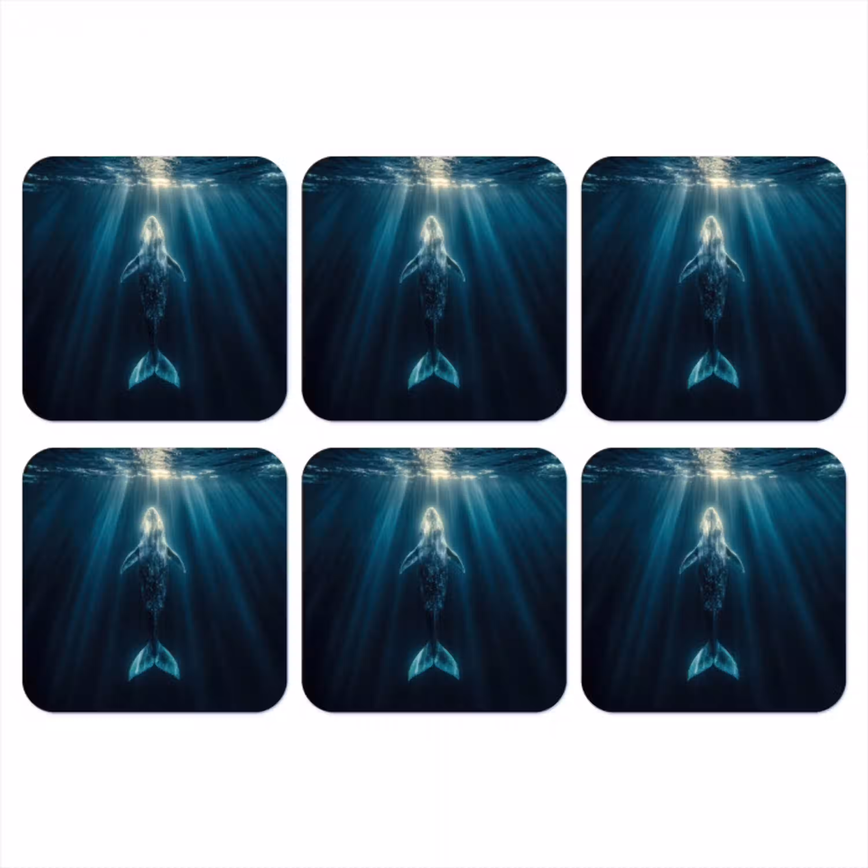 Walvis - Water - Zonnestralen - Blauw onderzetter kurk middel -3d
