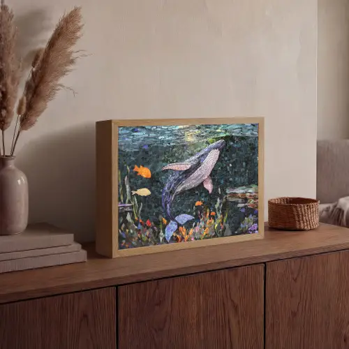 Mozaïek - Walvis - Koraal - Water Light Box met batterij (Wandlamp) middel -sfeer2
