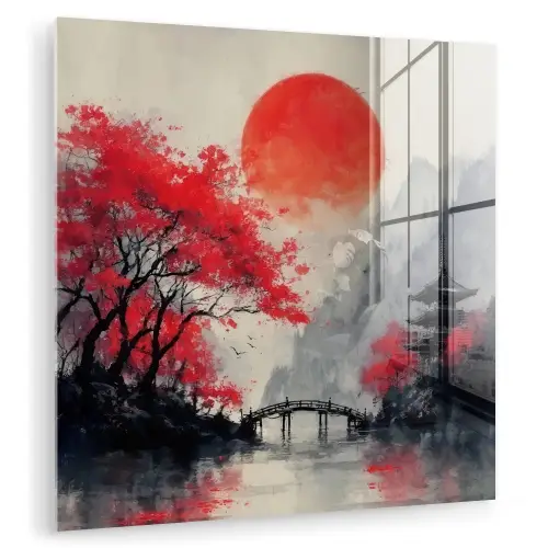 Rode zon - Rivier - brug - Bomen plexiglas 5mm klein -zzzproduct_nieuw