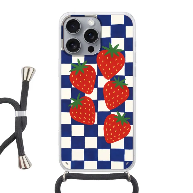 Telefoonhoesje met koord - Geblokt - Blauw - Aardbeien