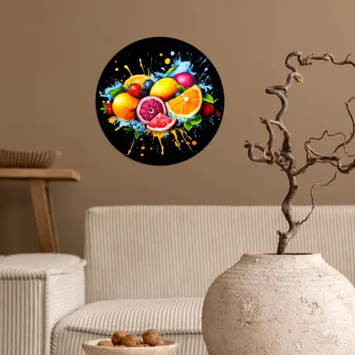 Fruit - Graffiti - Kleurrijk - Sinaasappel - Aardbei - Abstract Wandcirkel behangsticker klein -sfeer1