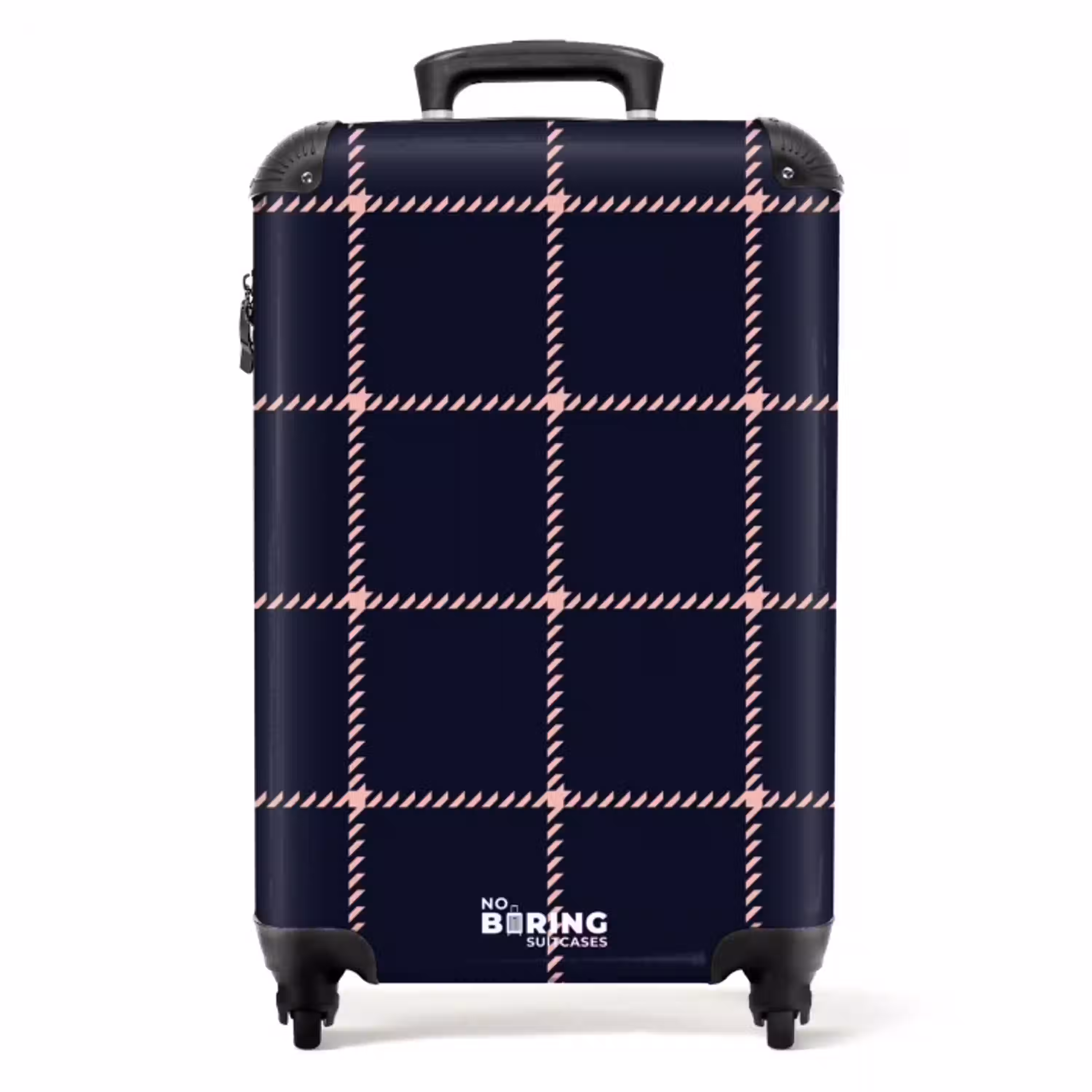 Donkerblauw ruitpatroon met roze visgraatlijnen NBS - Handbagage koffer - Kinderen Unisex middel -productfoto_recht