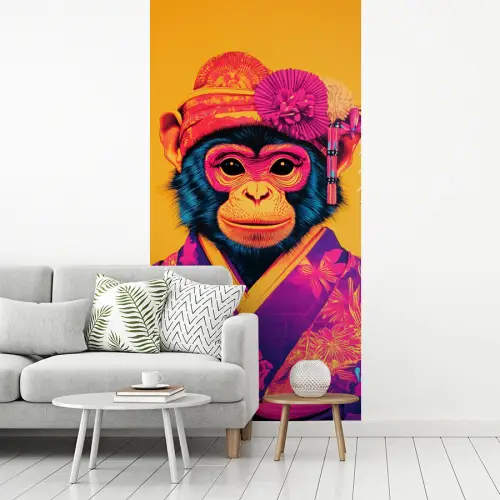 Aap - Kimono - Bloemen - Hoofdtooi fotobehang vinyl groot -woonkamer