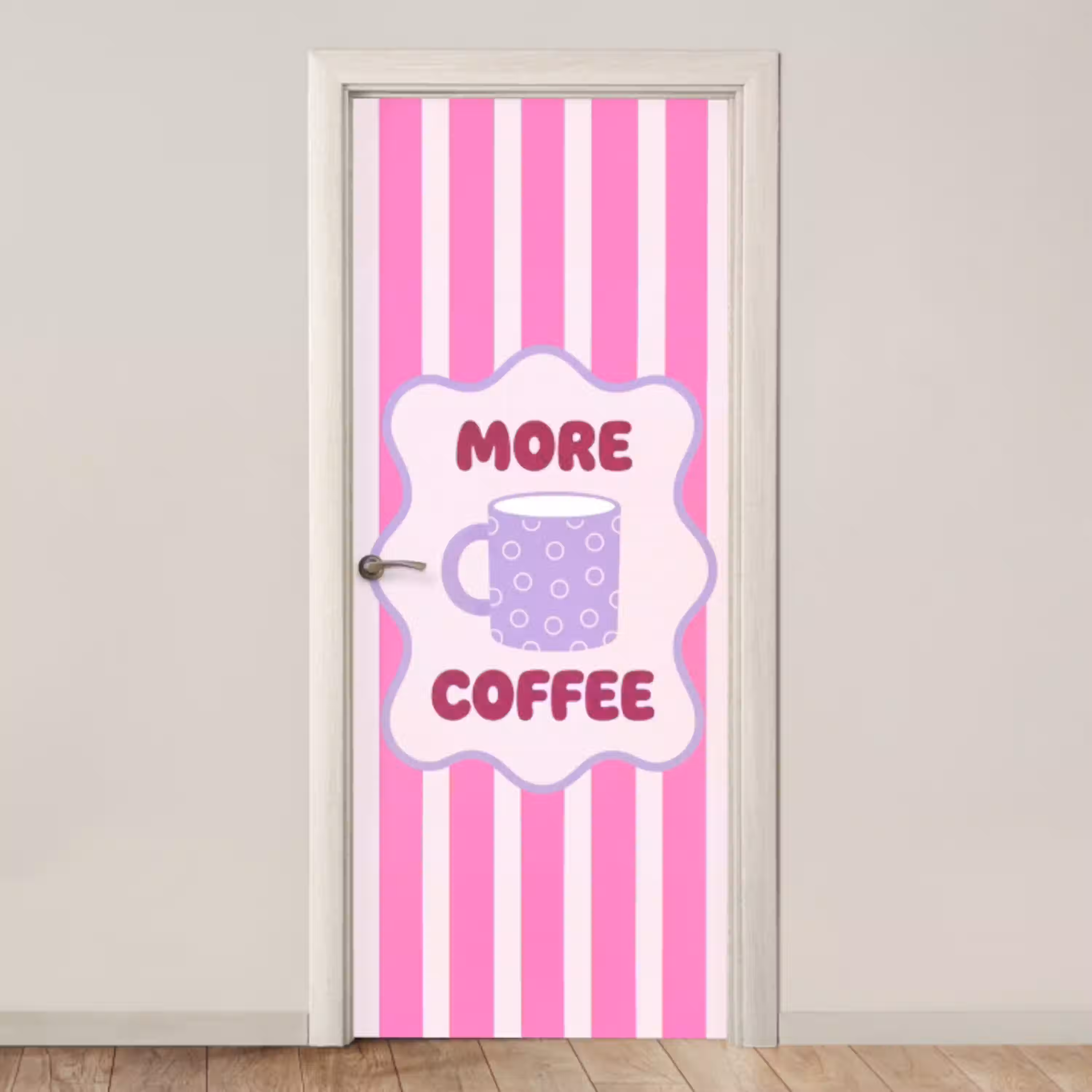 More coffee - Roze - Paars - Strepen - Mok deurposter klein -3d_beige