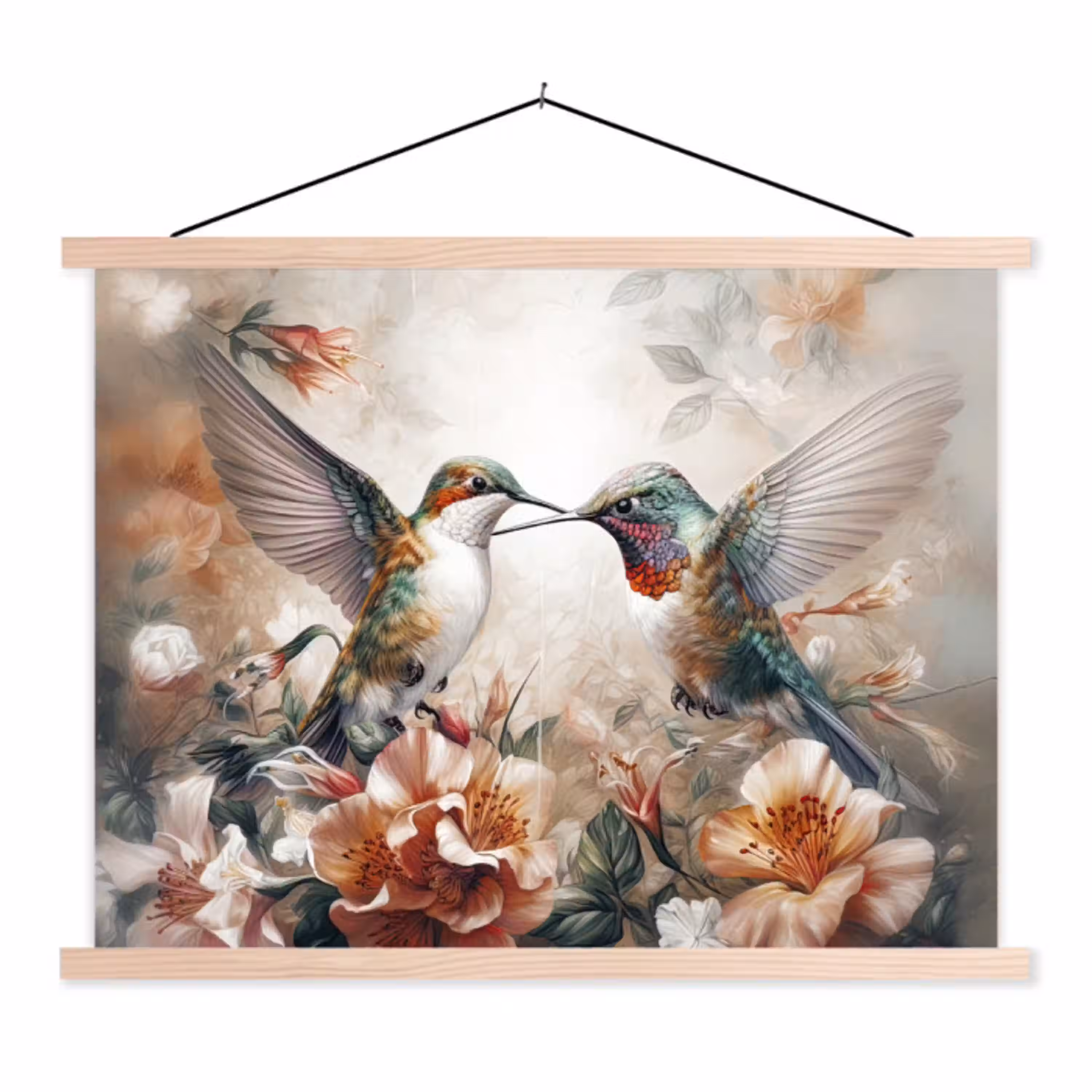 Kolibrie - Vogels - Bloemen - Natuur textielposter latten blank klein -3d