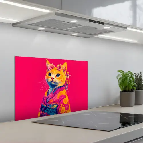 Kat - Kimono - Bloemen - Roze keuken achterwand spatscherm klein -3d_schuin