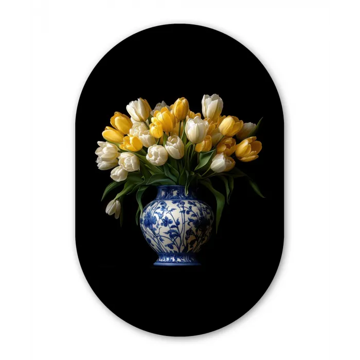 Geel - Tulpen - Vaas - Bloemen Wandcirkel Ovaal Glas middel -3d