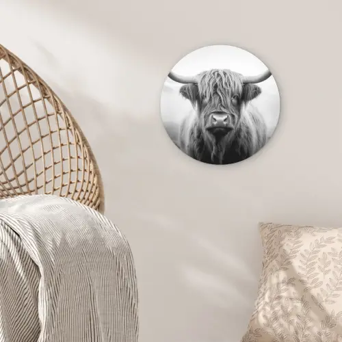 Schotse hooglander - Mist - Zwart - Wit Wandcirkel kunststof plaat 5mm dik klein -sfeer5