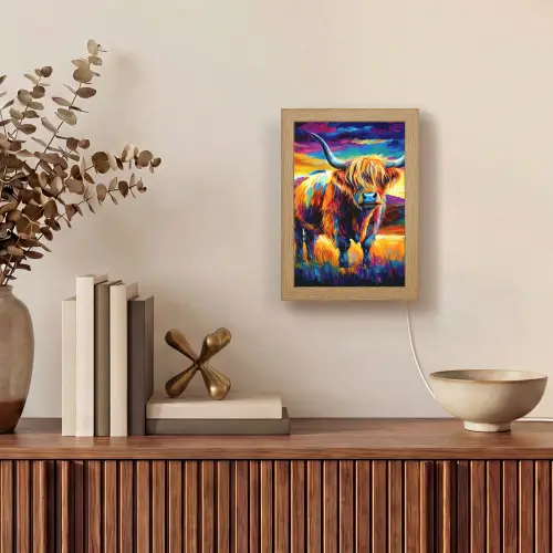 Schotse hooglander - Kunst - Koe - Dieren - Landschap Light Box met kabel (Tafellamp) klein -sfeer2