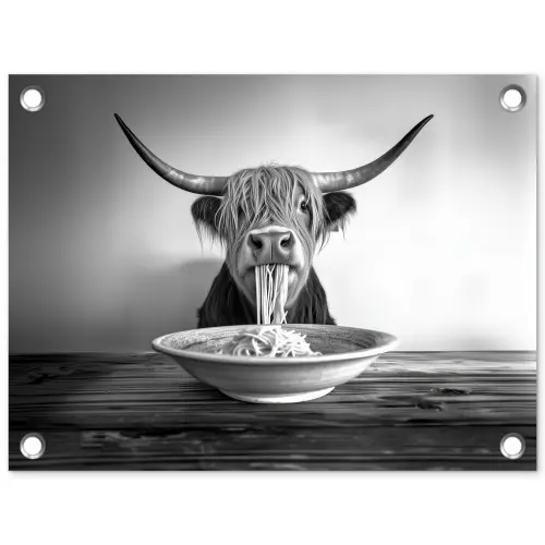 Schotse Hooglander - Spaghetti - Dieren - Zwart wit tuinposter los doek klein -3d