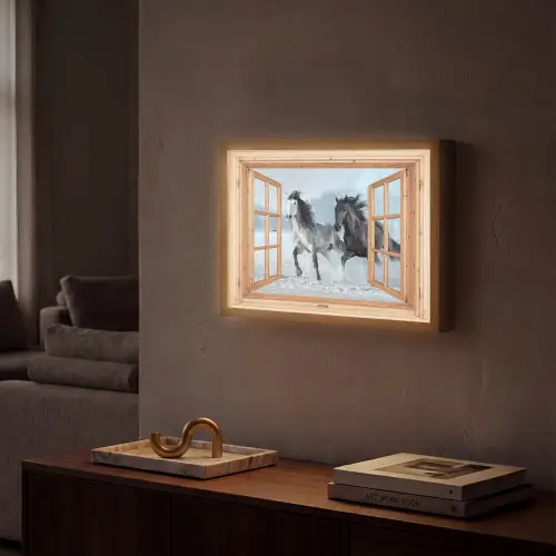 Doorkijk - Paarden - Winter - Dieren - Natuur - Hout Light Box met batterij (Wandlamp) middel -sfeer1