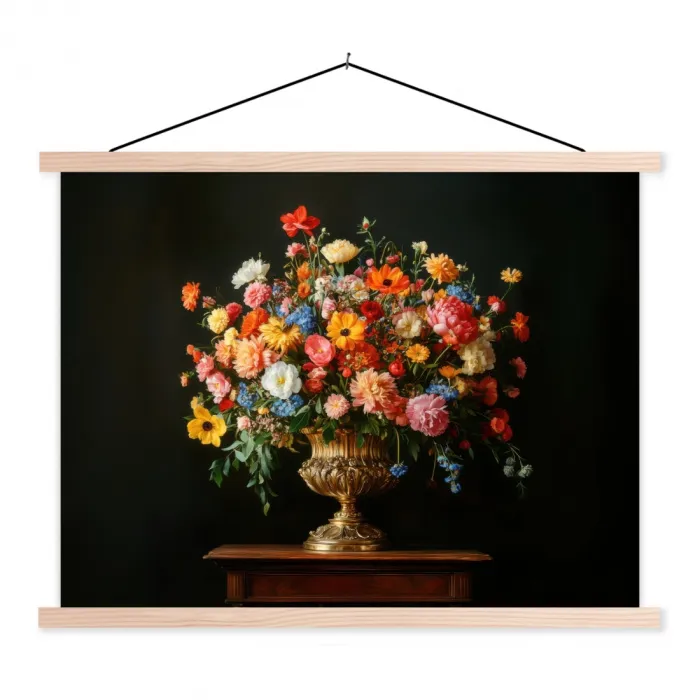 Goud - Bloemen - Kleuren - Vaas textielposter latten blank klein -3d