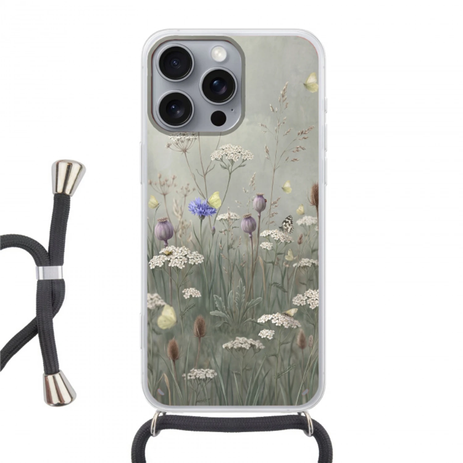 Vlinders - Wildbloemen - Illustratie - Kleurrijk Hoesje iPhone 16 Pro Max met koord klein -3d