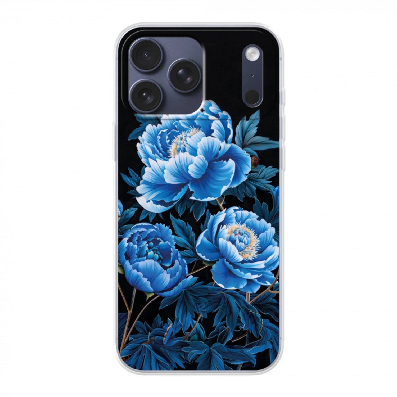 Bloemen - Zwart - Blauw - Modern Telefoonhoesje iPhone 17 Pro Max klein -3d