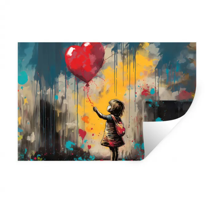 Meisje - Ballon - Hart - Graffiti Muursticker klein -3d