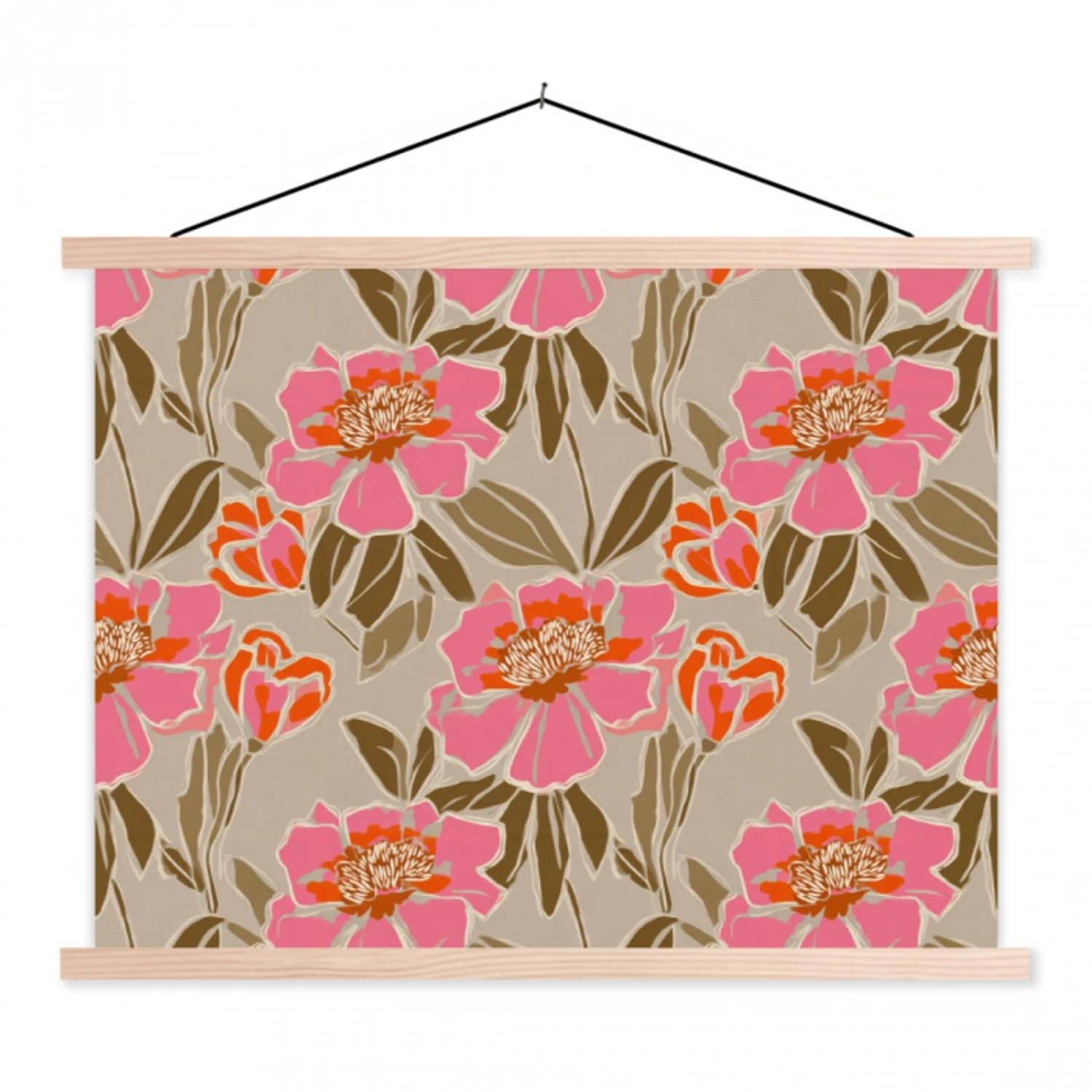 Pioenrozen - Patroon - Roze textielposter latten blank klein 122 -3d