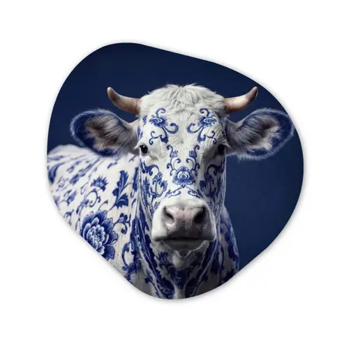 Koe - Delfts - Blauw - Artistiek Wandcirkel Organisch Aluminium middel -3d