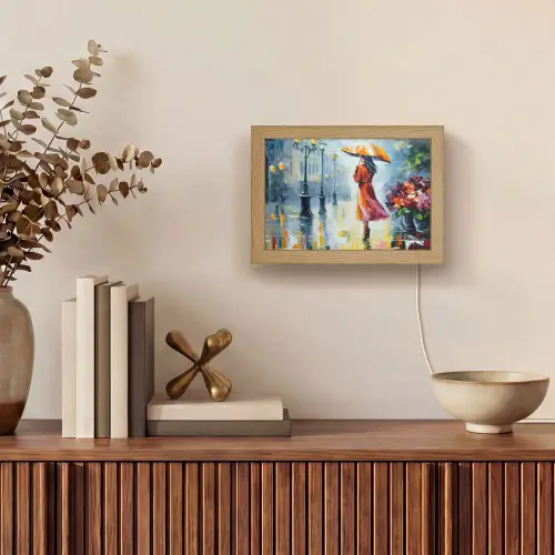 Olieverf - Paraplu - Vrouw - Straat - Kunst Light Box met kabel (Tafellamp) klein -sfeer2