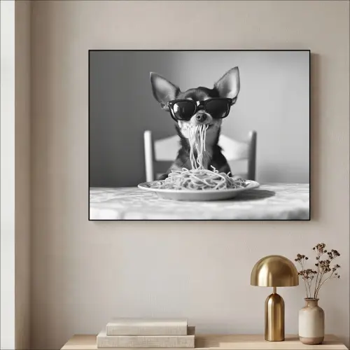 Chihuahua - Hond - Zonnebril - Humoristisch - Zwart - Wit - Spaghetti Textielframe - compleet frame klein -sfeer2