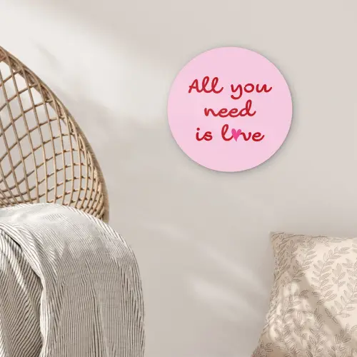 Tekst - Roze - Love - Hart Wandcirkel kunststof plaat 5mm dik klein -sfeer5